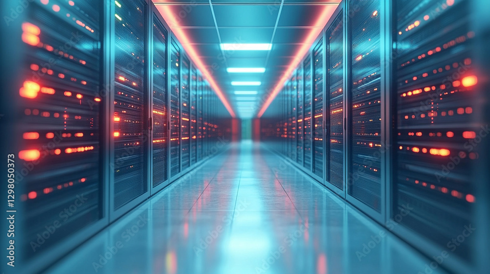 Modern data center interior with black server racks housing computer network infrastructure symbolizing cloud data storage, hardware security, and internet hosting in a high-tech environment Modern data center interior with black server racks housing computer network infrastructure symbolizing cloud data storage, hardware security, and internet hosting in a high-tech environment