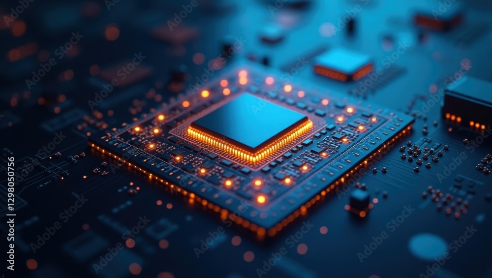 Chiplet. Electronic components are glowing on dark surface Chiplet. Electronic components are glowing on dark surface