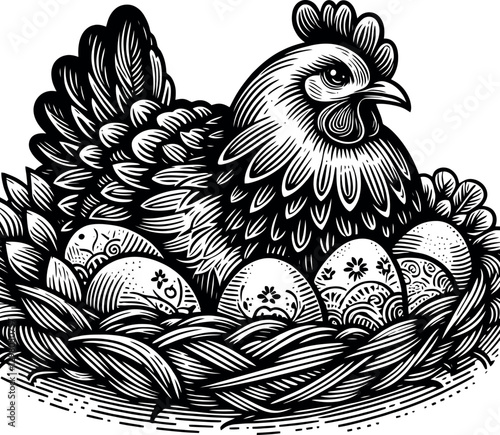A Mother Hen's Love: Nurturing Decorated Eggs in a Cozy Nest, Detailed Woodcut Art. Black and white illustration portrays a hen nestled in a nest, surrounded by her decorated eggs.