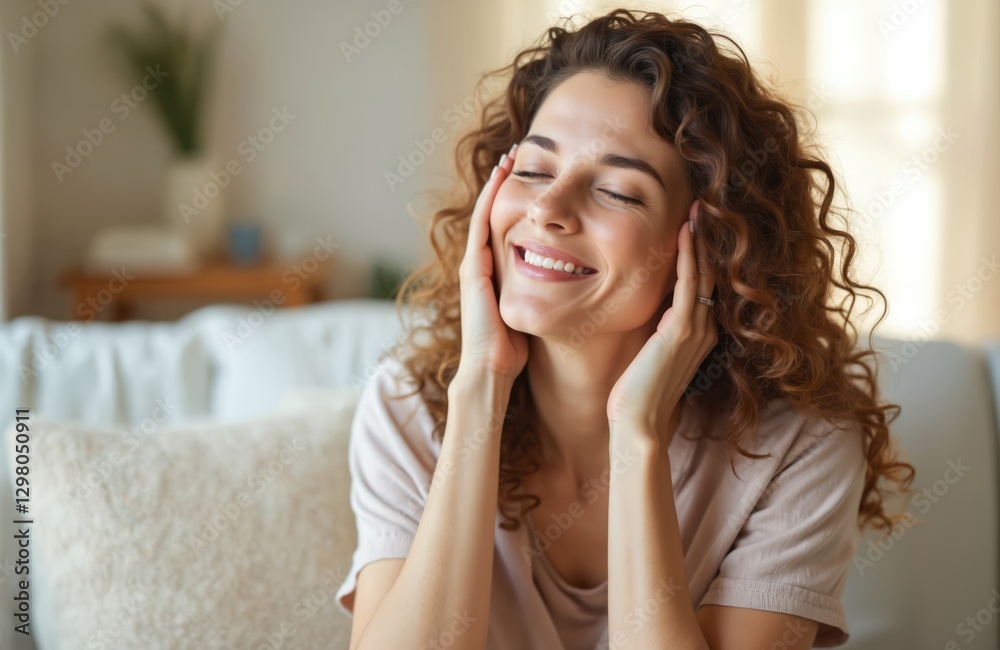 Smiling young woman massages face with closed eyes, enjoying skin care after washing. Girl takes care of her hair, stimulates growth, relaxes. Pretty female portrait, cozy indoor lifestyle. Smiling young woman massages face with closed eyes, enjoying skin care after washing. Girl takes care of her hair, stimulates growth, relaxes. Pretty female portrait, cozy indoor lifestyle.