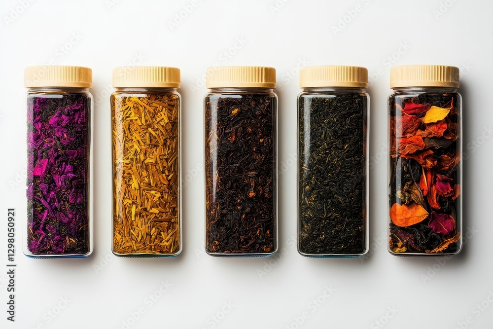 Display of assorted herbal teas in glass jars on a clean white background Display of assorted herbal teas in glass jars on a clean white background
