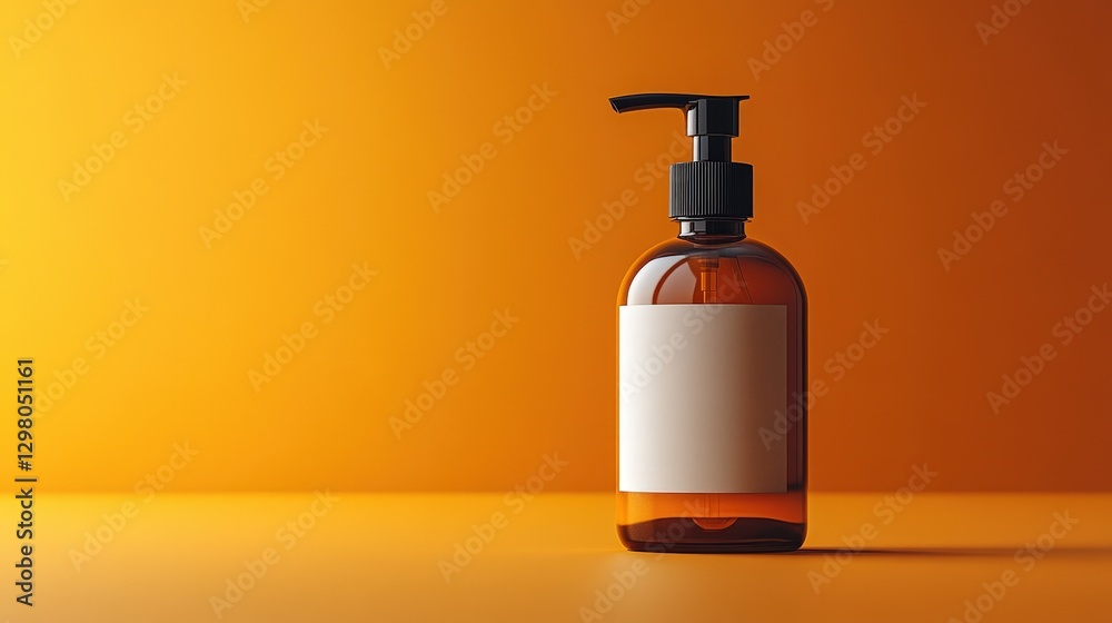 An elegant brown glass bottle rests on a vibrant yellow backdrop, its plain white label inviting curiosity, as it leans gracefully to the right