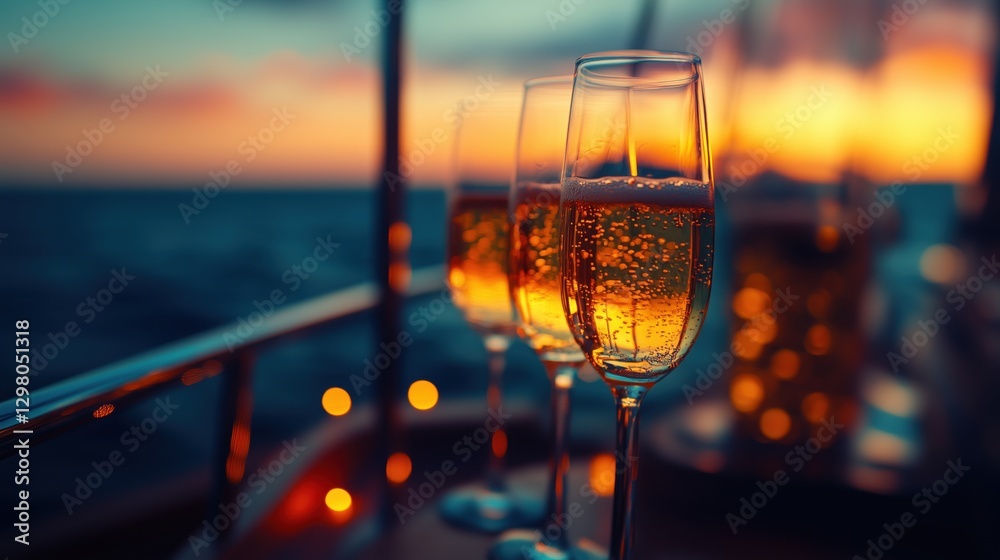 Obraz premium Sparkling drinks in elegant glasses at sunset on a boat, celebrating a special moment with friends on the water