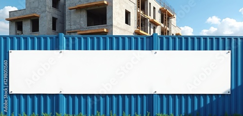 Large blank white banner fixed on blue fence at construction site with unfinished building behind. Space for vinyl advertisement banner, billboard, commercial poster mock-up. Project announcement, photo