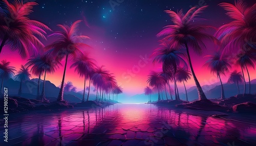 Neon tropical night scene: glowing palm trees & deep magenta sky.  Vibrant & exotic nightlife vibe. Ideal for party themes & eye-catching designs.

