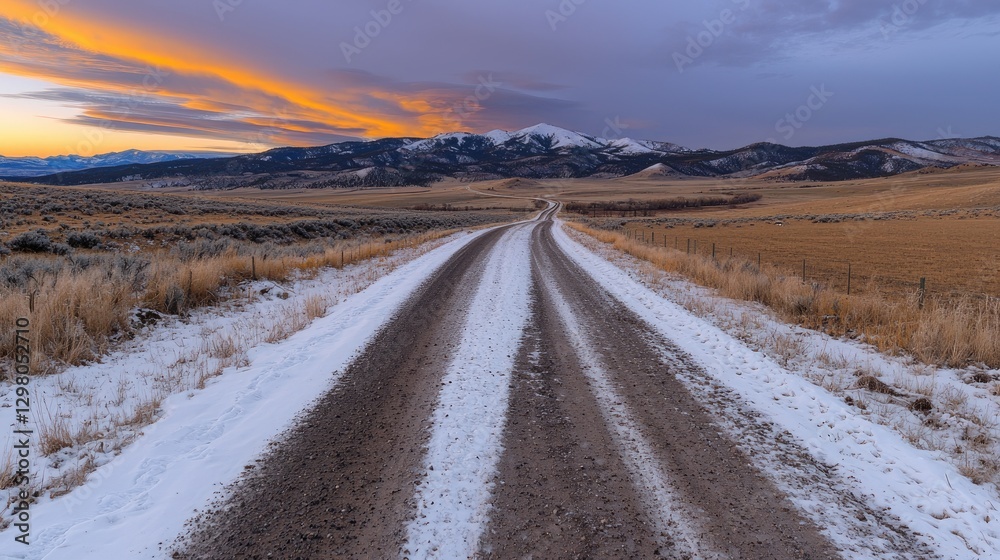 Fototapeta premium Snowy mountain road sunset landscape, winter travel