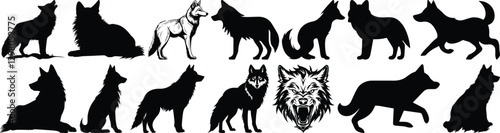 Wolf silhouettes set, animal pack of vector silhouette design, isolated background