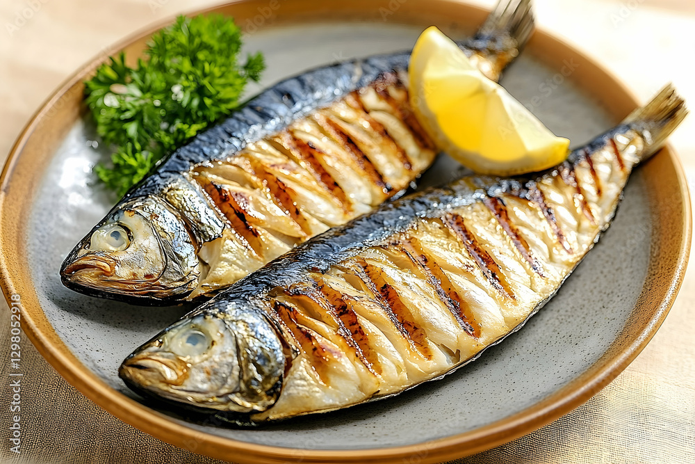 Grilled mackerel fish on a plate with lemon and parsley garnish, a delectable seafood dish, perfect for healthy eating Grilled mackerel fish on a plate with lemon and parsley garnish, a delectable seafood dish, perfect for healthy eating