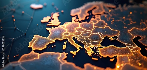 Digital glowing map of Europe, Middle East region with global network connections for connectivity and business exchange. Online communication tech, data transfer for cyber information.