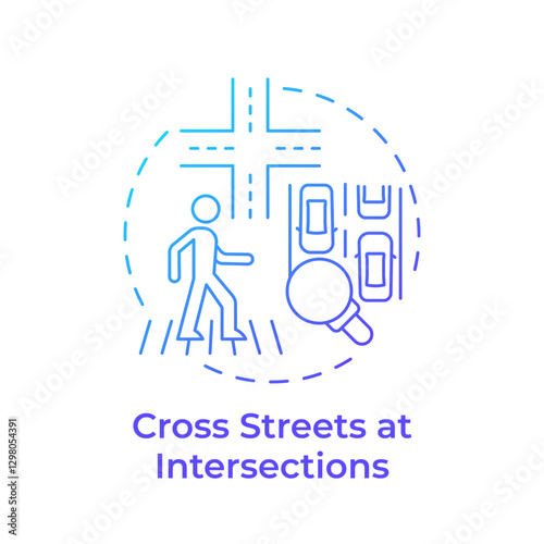 Cross streets at intersections blue gradient concept icon. Using marked crosswalk on street. Pedestrian safety. Round shape line illustration. Abstract idea. Graphic design. Easy to use in booklet