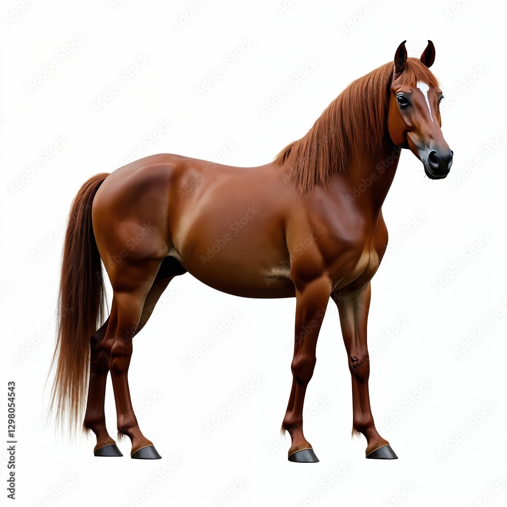 Naklejka premium Majestic brown horse isolated on white background. Graceful equine stands calmly, muscular build, shiny coat. Perfect for equestrian themes, animal lovers, strength concepts. Elegant posture conveys