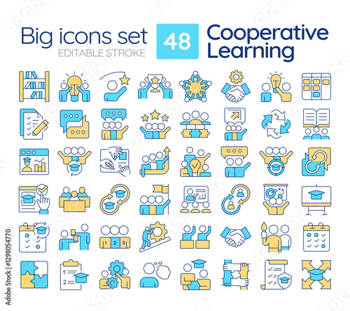 Cooperative learning RGB color icons set. Team work organization, studying. Communication, brainstorm. Isolated vector illustrations. Simple filled line drawings collection. Editable stroke