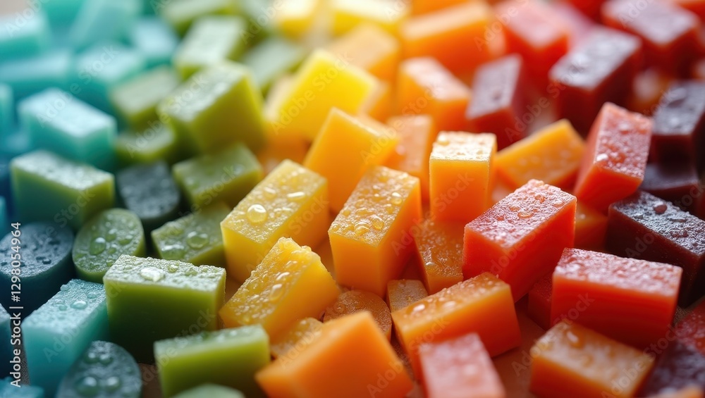 Fodmaps. Colorful diced vegetables are arranged in rainbow of colors Fodmaps. Colorful diced vegetables are arranged in rainbow of colors