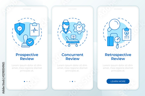 Types of utilization management blue onboarding mobile app screen. Walkthrough 3 steps editable graphic instructions with linear concepts. UI, UX, GUI template. Montserrat SemiBold, Regular fonts used