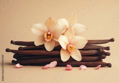 Elegant Vanilla Pods and Delicate Orchid Flowers on Soft Background with Petals for Natural Aromatic and Culinary Themes