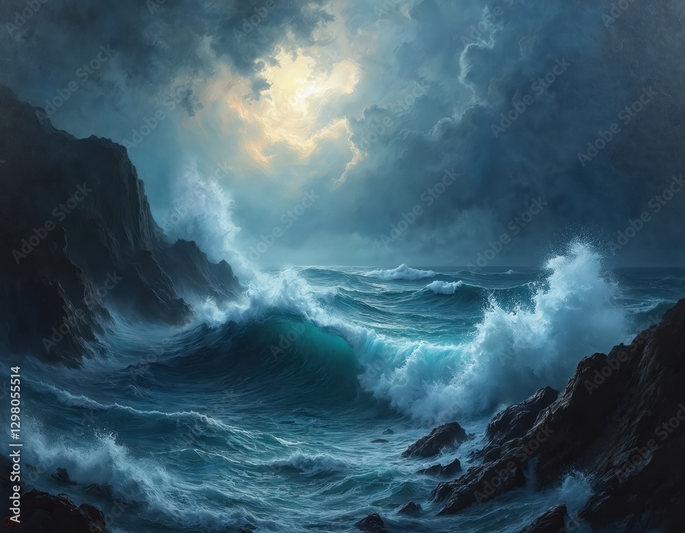 Ocean storm with dramatic waves crash against rocks on shore under dark stormy sky. Turquoise water contrasts with ominous clouds creating turbulent sea weather. Great nautical scene with intense Ocean storm with dramatic waves crash against rocks on shore under dark stormy sky. Turquoise water contrasts with ominous clouds creating turbulent sea weather. Great nautical scene with intense