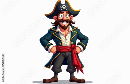 Cartoon illustration of cheerful bearded pirate character wearing hat, captain costume, with hands on hips. Funny pirate mascot, logotype. Corsair buccaneer filibuster seaman. Isolated on white.