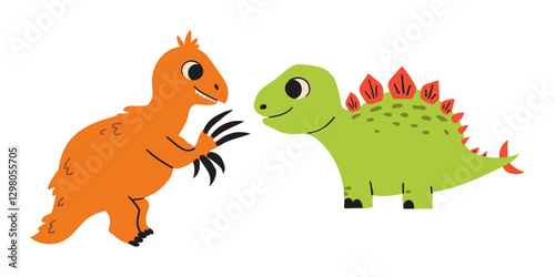 Two dinosaur cute characters colorful prints set. Lovely monsters vector illustration. Simple wild prehistoric animals childish design element doodle collection .