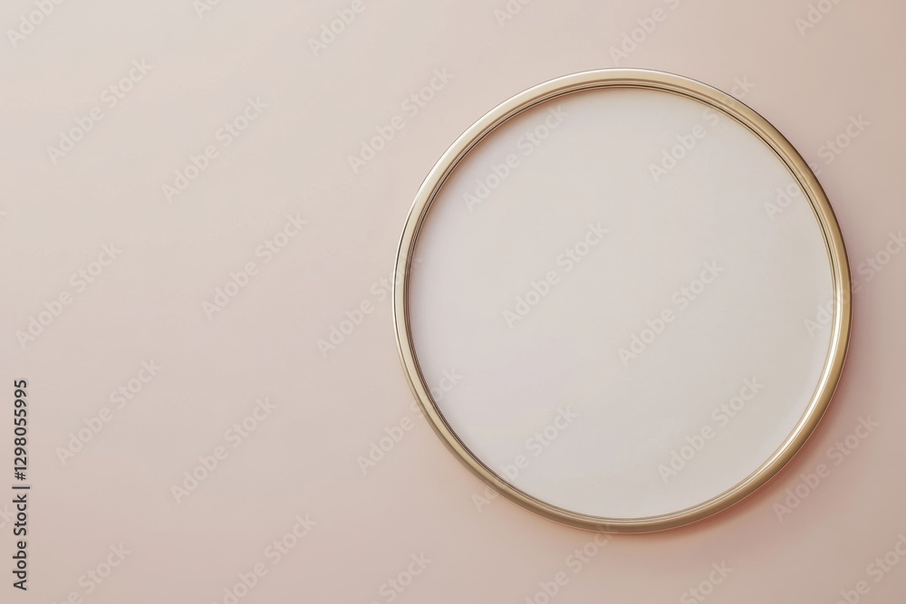 A golden circular frame resting against a light pink backdrop A golden circular frame resting against a light pink backdrop