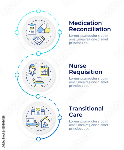 Care transitions infographic vertical sequence. Medication transporting. Healthcare service. Visualization infochart with 3 steps. Circles workflow. Montserrat SemiBold, Lato Regular fonts used