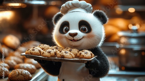 Panda chef serving cookies. AI.