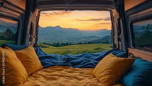 Cozy Van Interior with Mountain Sunset View