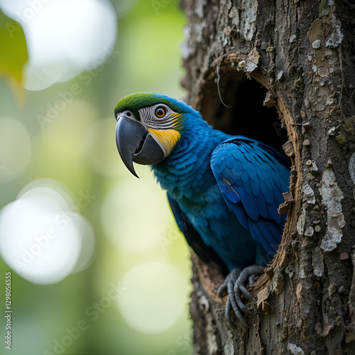 A hyacinth macaw peers curiously from its tree hollow in the Pantanal