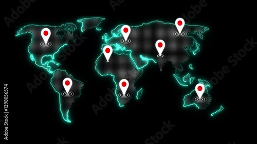 Neon glowing map with location pins on GPS and navigation concept, neon line World map location tracking animation World map travel across continents animation.