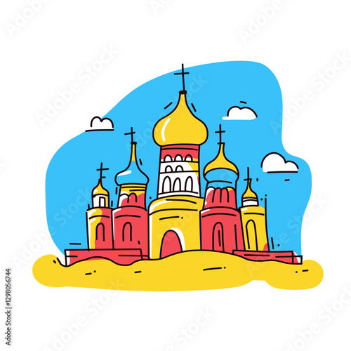 Saint Basil's Cathedral illustration in an doodle inca cartoon style. Simple minimalist drawing of Cathedral of Vasily the Blessed