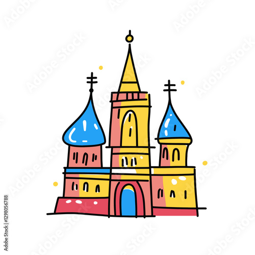 Saint Basil's Cathedral illustration in an doodle inca cartoon style. Simple minimalist drawing of Cathedral of Vasily the Blessed