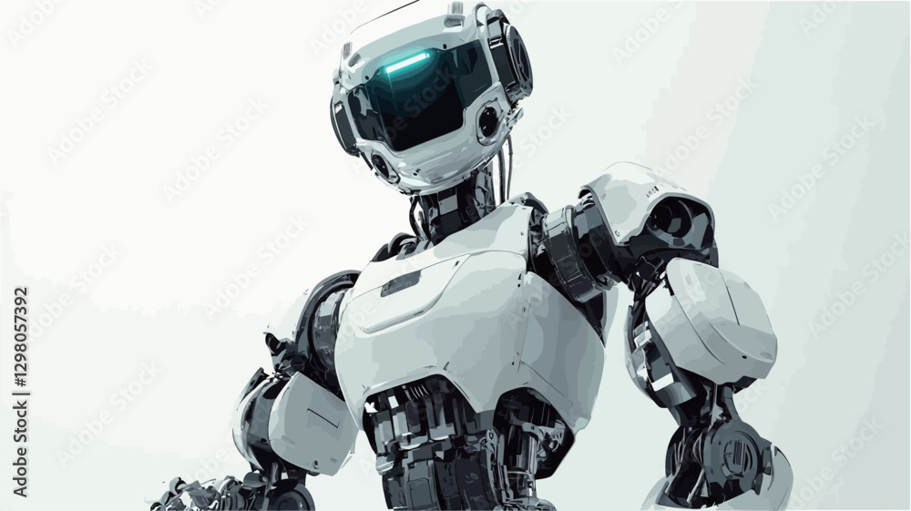 Close-up studio shot of a white humanoid robot against a white background. The robot has a sleek, modern design with visible mechanical details. The head features a distinctive helmet-like Close-up studio shot of a white humanoid robot against a white background. The robot has a sleek, modern design with visible mechanical details. The head features a distinctive helmet-like