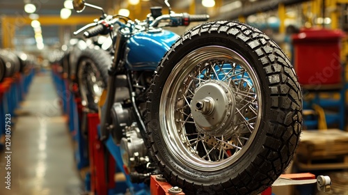 Wallpaper Mural Blue Motorcycle Wheel Close-Up: Factory Production Line Torontodigital.ca