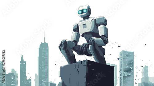 Digital illustration depicting a stylized robot, predominantly grey and white with blue accents, in a crouched position atop a grey block. The robot possesses a humanoid form with a simplistic