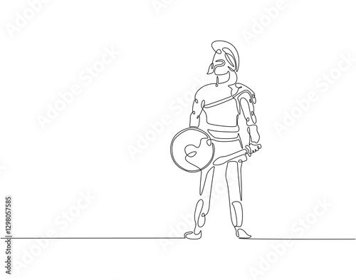 Continuous line drawing of sparta soldier. Single line illustration of greek warrior with armor protection. Ancient war concept. Editable outline