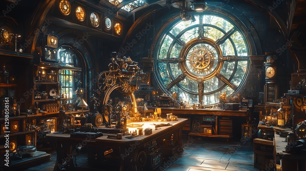 Obraz premium A Vibrant Workshop Filled with Clockwork Fairies Crafting Magical Artifacts and Spreading Joy and Whimsy Across the Realm