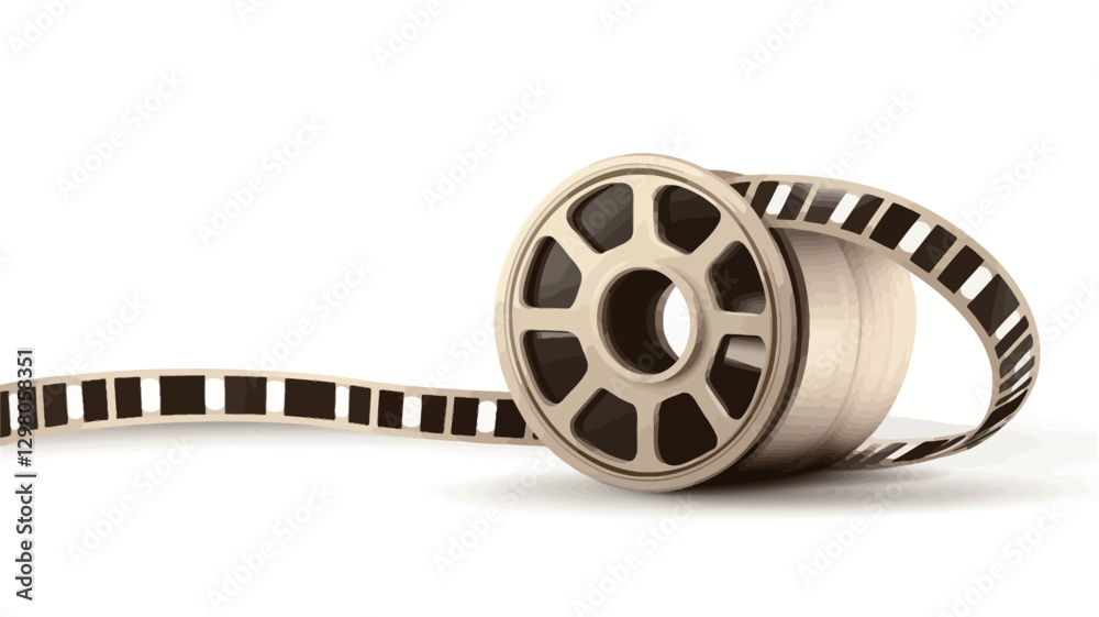 Obraz premium Close-up shot of a film reel against a white background. The reel is beige or light brown with a dark brown or black central hub. A section of the filmstrip is unrolled, showing its characteristic