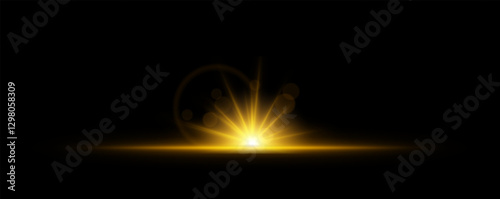 Glowing light burst on a dark background. Bright yellow energy explosion with radiant beams and bokeh effects. Abstract illumination with dynamic flare and glowing particles