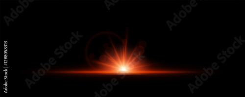 Glowing light burst on a dark background. Bright orange energy explosion with radiant beams and bokeh effects. Abstract illumination with dynamic flare and glowing particles