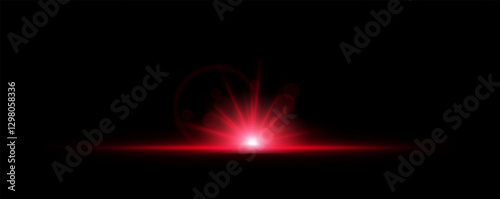 Glowing light burst on a dark background. Bright red energy explosion with radiant beams and bokeh effects. Abstract illumination with dynamic flare and glowing particles