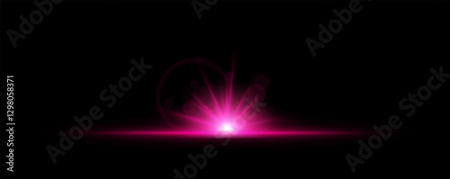 Glowing light burst on a dark background. Bright pink energy explosion with radiant beams and bokeh effects. Abstract illumination with dynamic flare and glowing particles