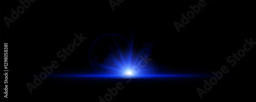Glowing light burst on a dark background. Bright blue energy explosion with radiant beams and bokeh effects. Abstract illumination with dynamic flare and glowing particles