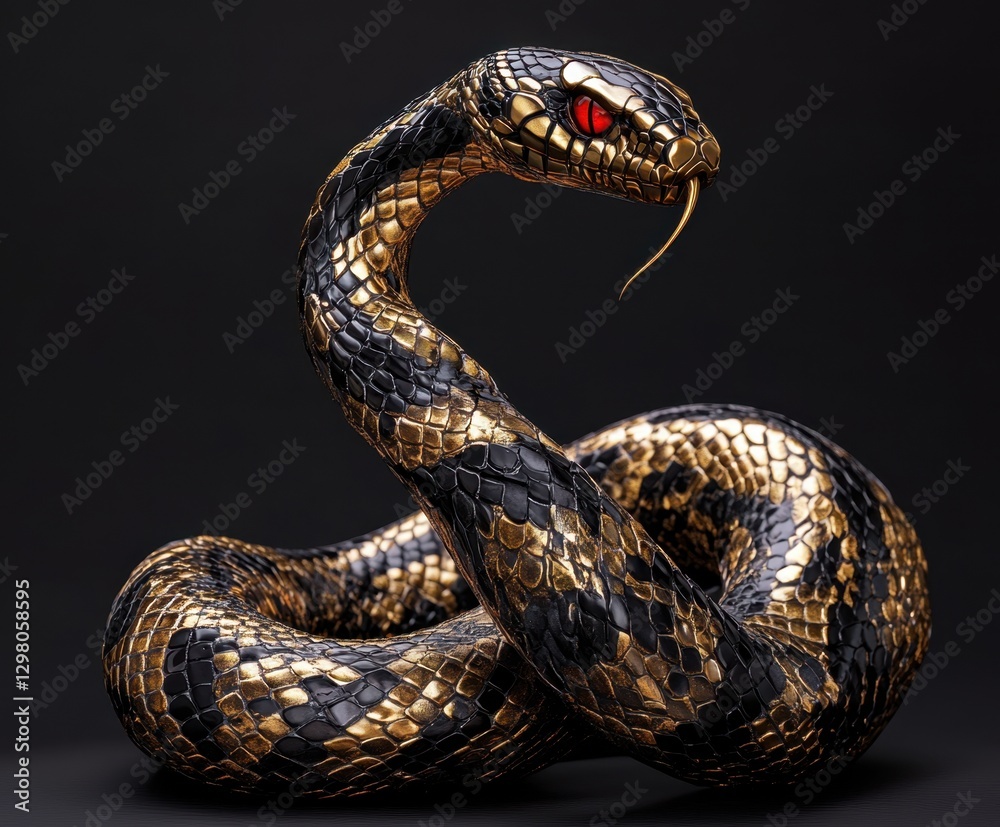 Fototapeta premium Golden scales red eyes: snake coiled in darkness