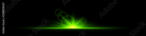 Glowing green light burst on a dark background. Bright neon explosion with radiant beams, circular bokeh, and energy flare. Abstract illumination with vibrant glow and futuristic effect.