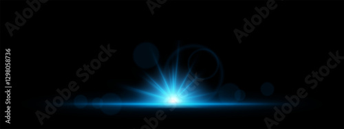 Glowing blue light burst on a dark background. Bright energy explosion with radiant beams, circular bokeh, and neon flare. Abstract illumination with futuristic glow and dynamic effect.