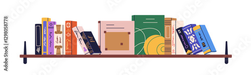 Bookshelf with books on art and history. Non-fiction literature, encyclopedias, university textbooks displayed. Academic library for education. Flat vector illustration isolated on white background