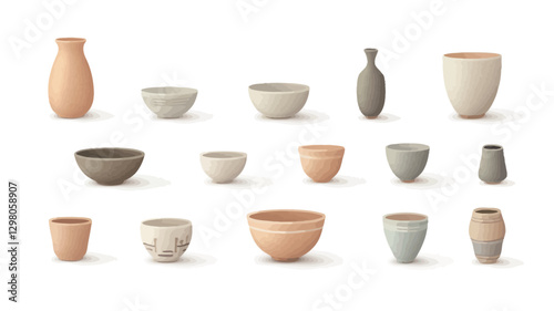 The image shows a collection of various ceramic bowls and vases arranged on a white background.  The items are predominantly in neutral earth tones of beige, brown, and gray.  The bowls and vases