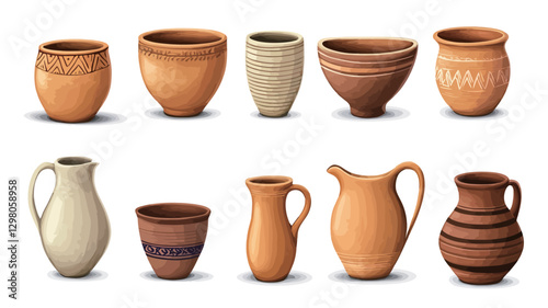 Digital illustration of a collection of various ceramic pottery vessels, including jugs, jars, and pitchers. The vessels are depicted in different shapes and sizes, primarily in shades of brown and