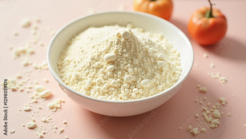 Kojic Acid. Bowl is full of flour next to small orange Kojic Acid. Bowl is full of flour next to small orange