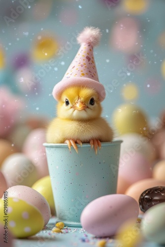 Cute chick wearing a hat. AI.