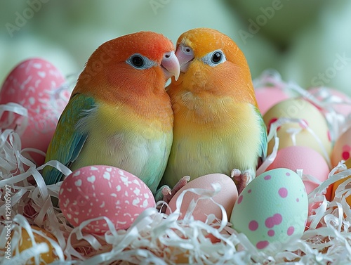 Two birds in a nest with colorful eggs. AI.